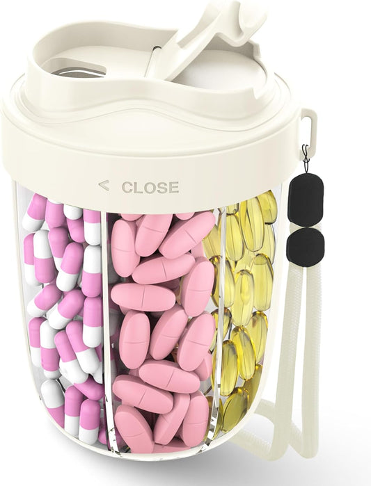 Large Pill Organizer,Supplement Organizer for 7 Different Vitamins,Pill Dispenser with Anti-Mixing Design,Easy to Retrieve Meds,Includes 20 Pcs Labels,Travel Pill Organizer (Cream White)
