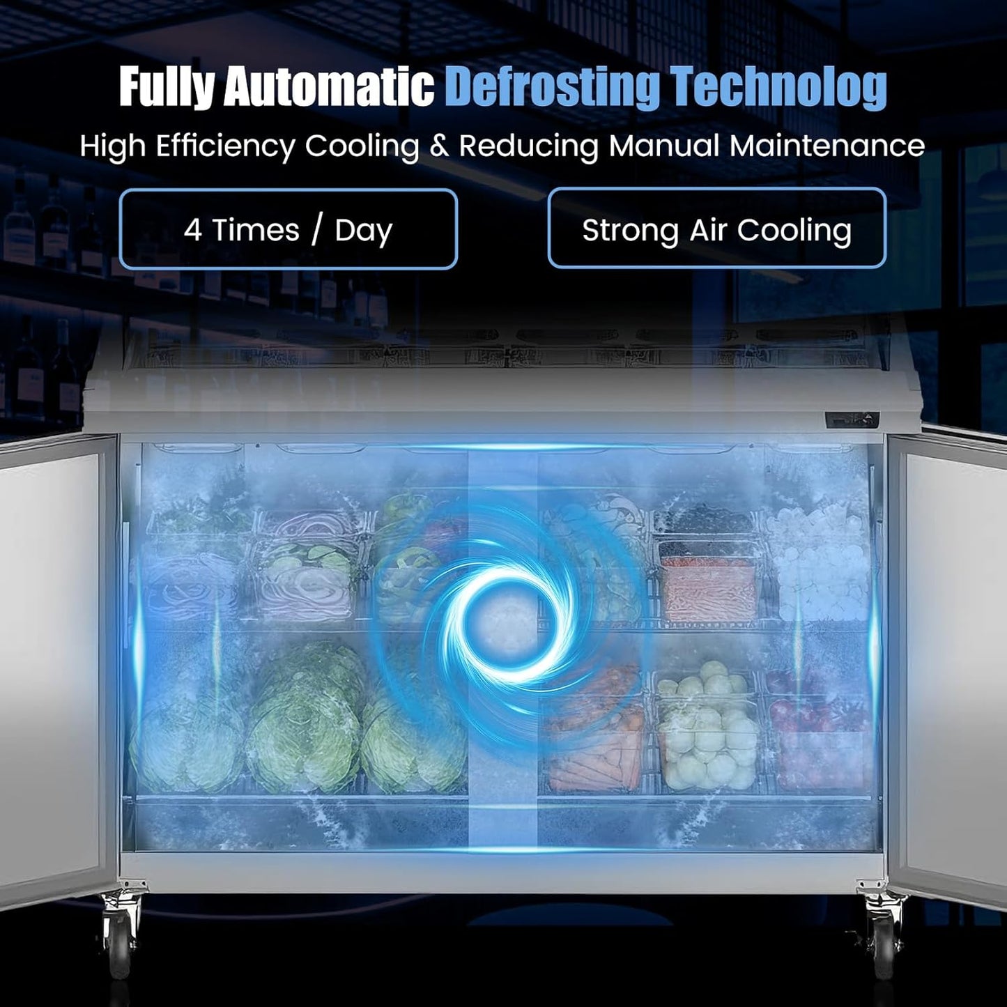 60" W Commercial Refrigerator Sandwich Salad Prep Table, Stainless Steel 2-Door Sandwich Prep Table Refrigerator, Counter Fan Cooling Refrigerator with 24 Pans for Restaurant, Bar