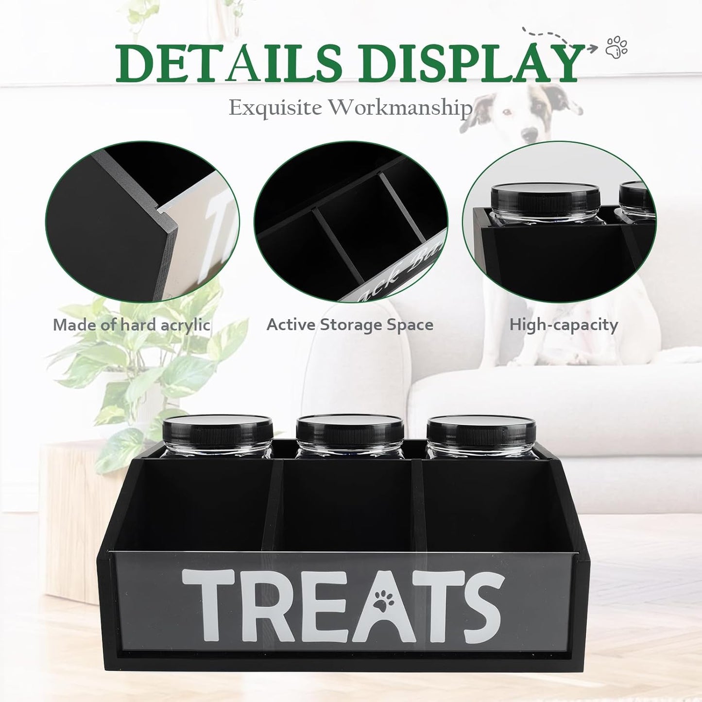 Geyecete Dog Treat Container cat food container with 3 Jars & Compartments pet treat storage dog treat container trapezoid Cute Pet Treat Organizer