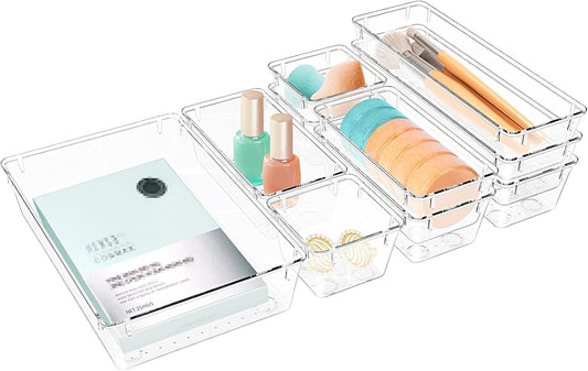 10 PCS Drawer Organizer Set,4 Varied Size Bathroom and kitchen Drawer cabinet organizer Trays, Clear Storage Bins for Makeup, Jewelry, Utensils and Gadgets