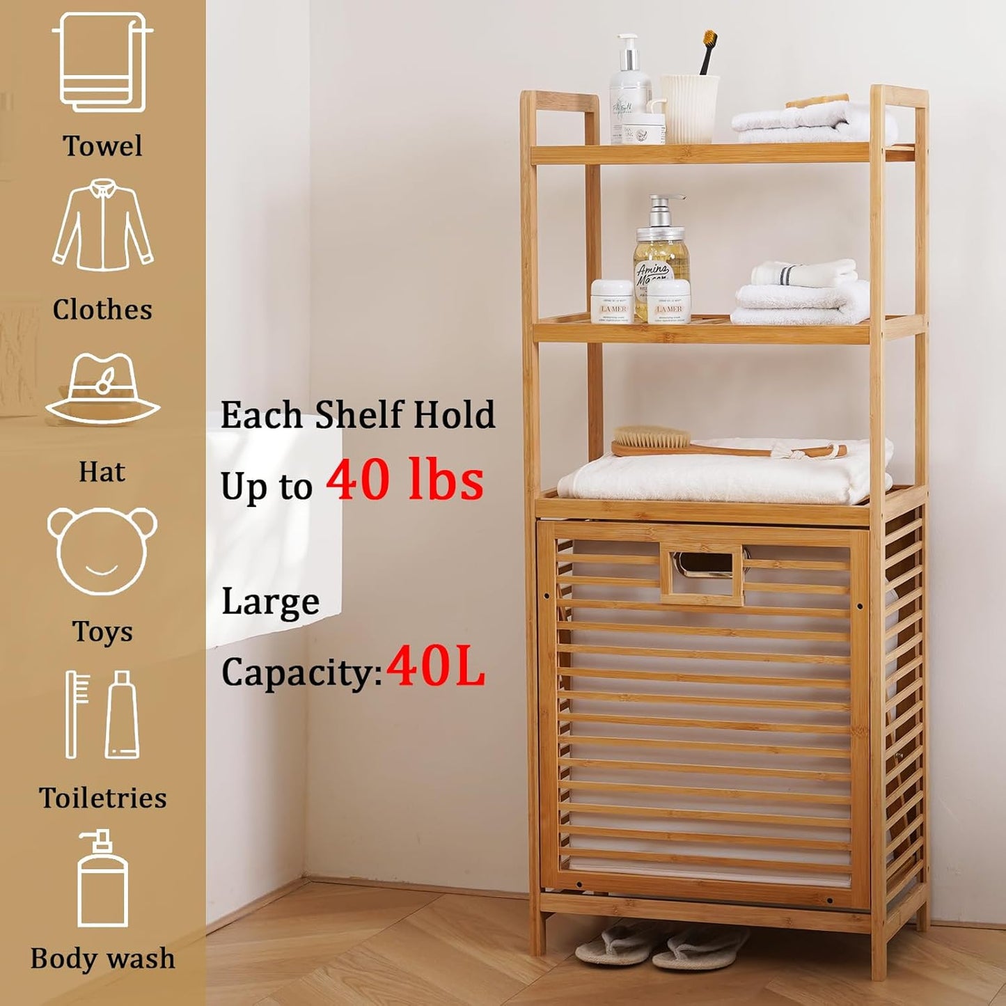 Bamboo Laundry Hamper with 3 Tier Shelves & Tilt Out Basket, Laundry Baskets Organizer Hampers Bathroom Storage Shelf for Laundry Room, Bathroom, Guest Room（3-Tier, Large）