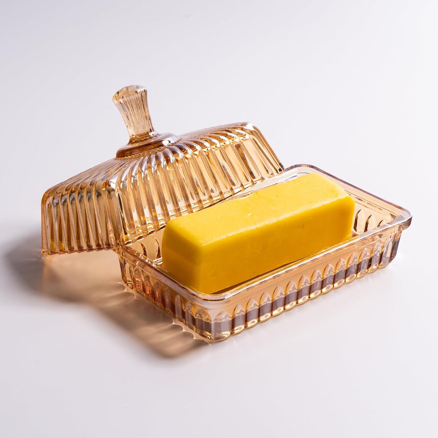 Glass Butter Dish with Lid for Countertop, Champagne Color Striped Crystal Covered Butter Holder Tray Container