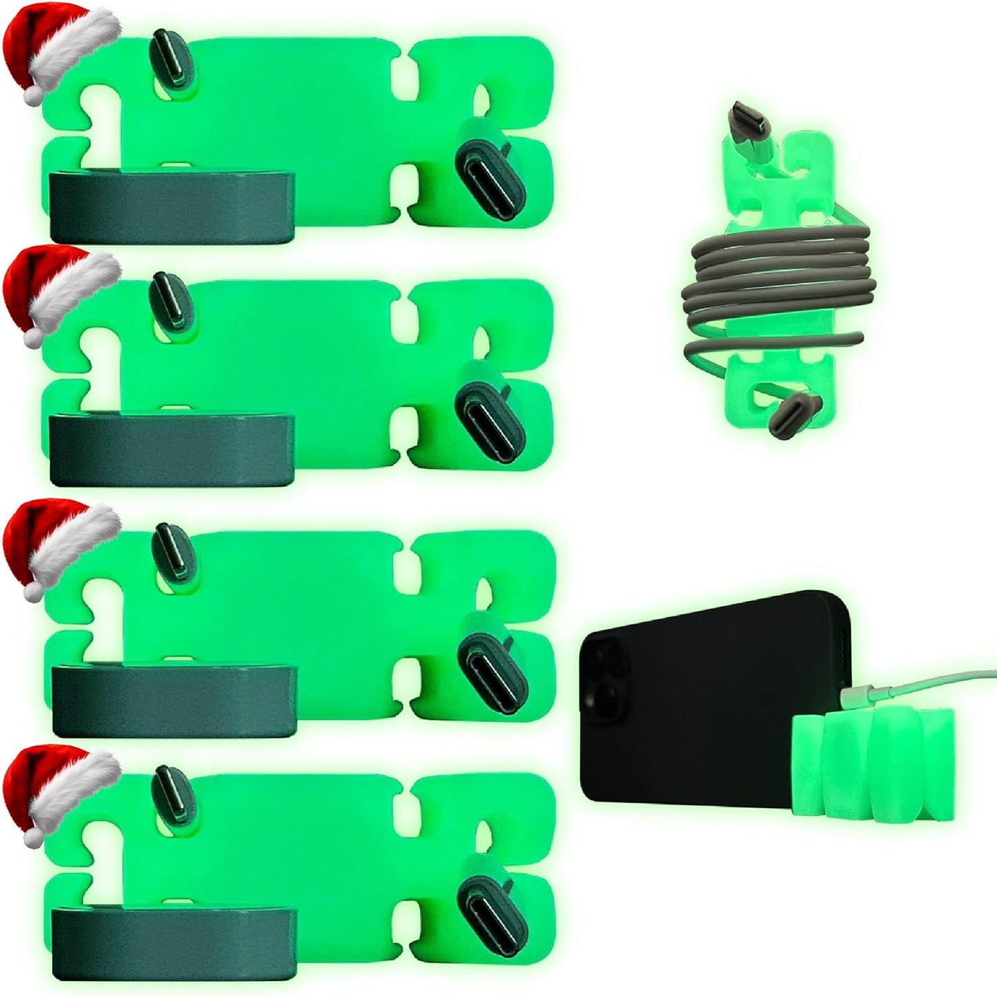 GlowBrick Stocking Stuffers for Adults Cord Management Weighted Cord Holder Cable Wrap Phone Stand - Glow-in-The-Dark Gadget Organizer for Nightstand. Gift for Men, Silicone. 4pk Green Glow