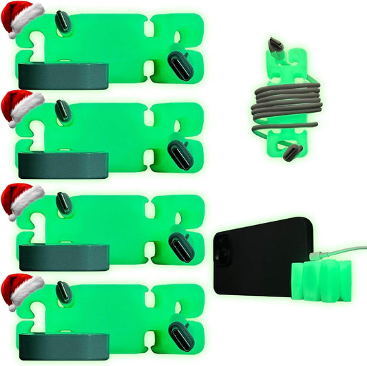GlowBrick Stocking Stuffers for Adults Cord Management Weighted Cord Holder Cable Wrap Phone Stand - Glow-in-The-Dark Gadget Organizer for Nightstand. Gift for Men, Silicone. 4pk Green Glow