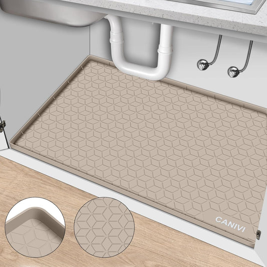 Under Sink Mat, 34" x 19" Waterproof Silicone Under Sink Tray for Kitchen & Laundry Cabinets, Kitchen Cabinet Shelf Protector, Up to 3.3 Gallons Liquid, Fits 36 inch Standard Cabinet Apricot