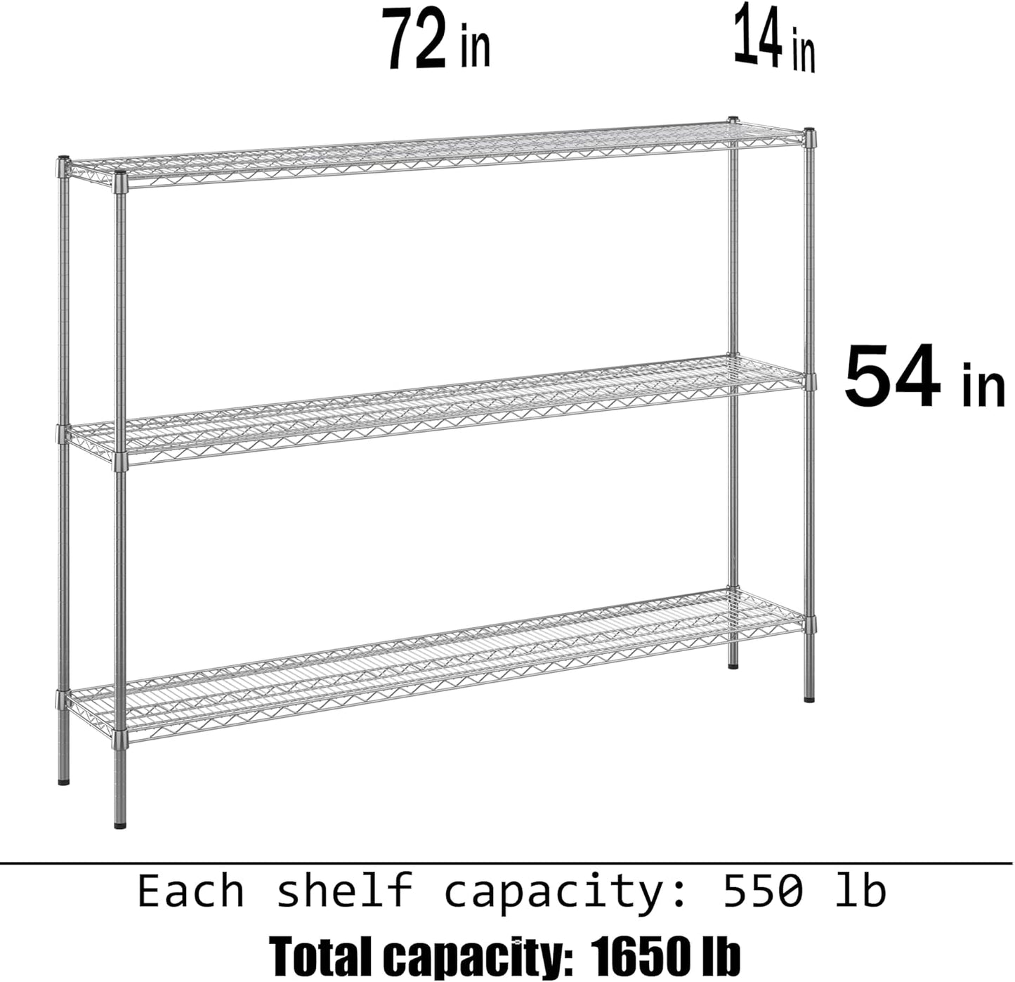 14" Deep x 72" Wide x 54" Height Wire Shelving Kit | 3-Tier | NSF Commercial Storage Rack Unit