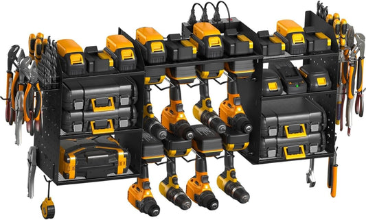 Power Tool Organizer Wall Mount, 3 Layer Tool Storage Rack, Drill Bit Heavy Duty Rack, Heavy Duty Metal Power Tools Storage Rack Tools Shelf with Charging Station for Garage Organization