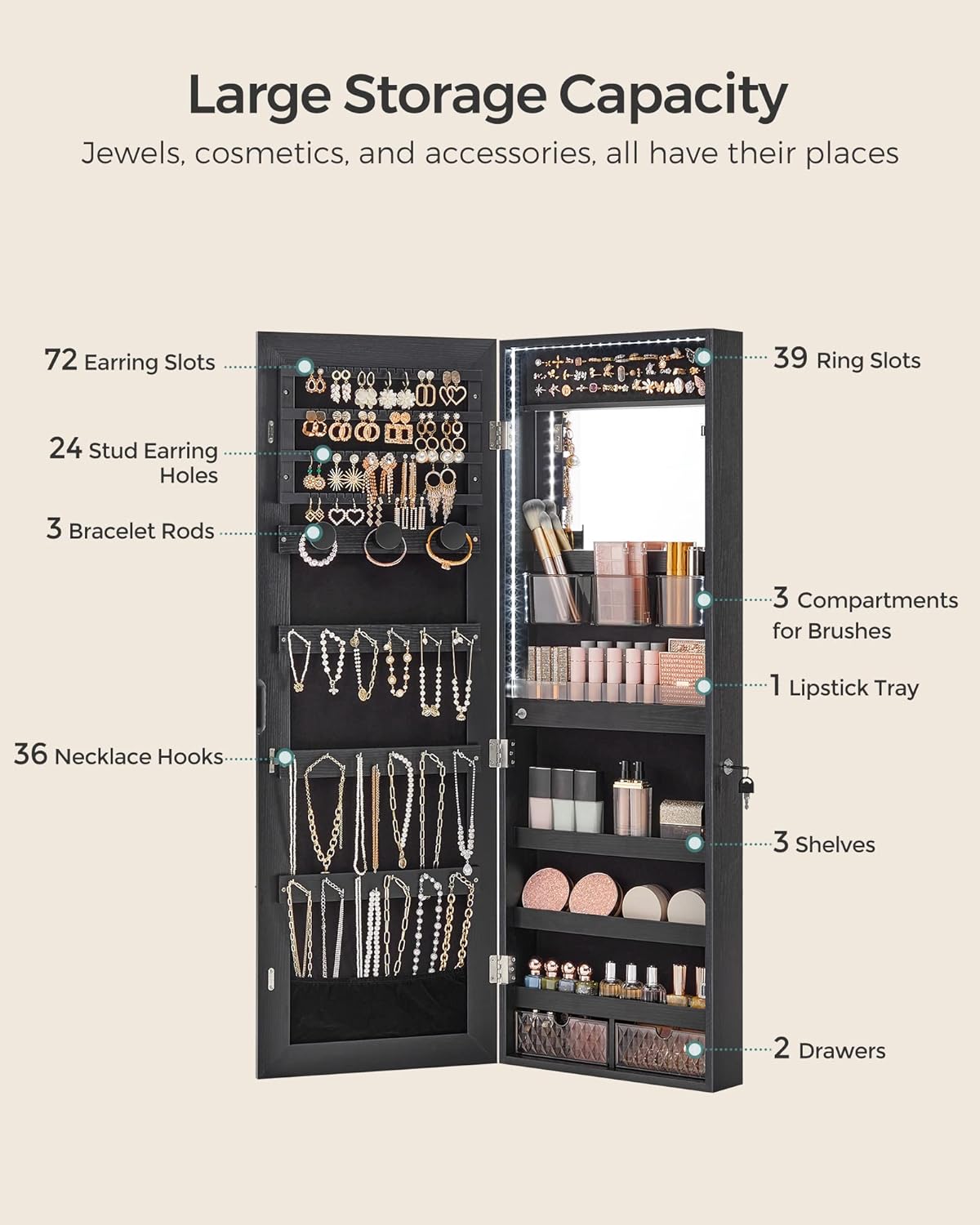 SONGMICS Jewelry Cabinet Armoire Organizer with LED Lights, Wall-Mounted Storage Cabinet with Full-Length Frameless Mirror, Built-in Makeup Mirror, 2 Drawers, Lockable, Christmas Gift, Black
