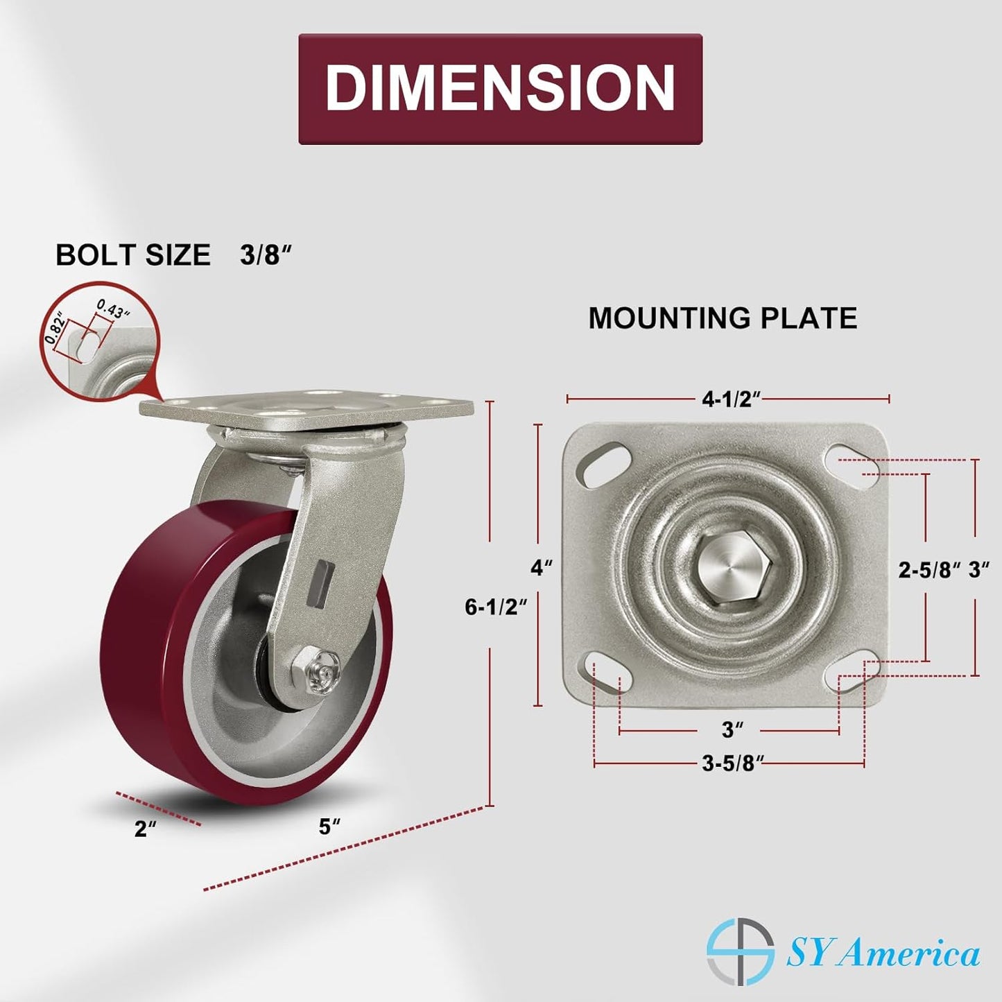 SY America 5" X 2" Casters Wheels,Heavy Duty Industrial Casters，Polyurethane on Aluminum Wheels,1 Swivel Casters,1100 LBS Load Capacity