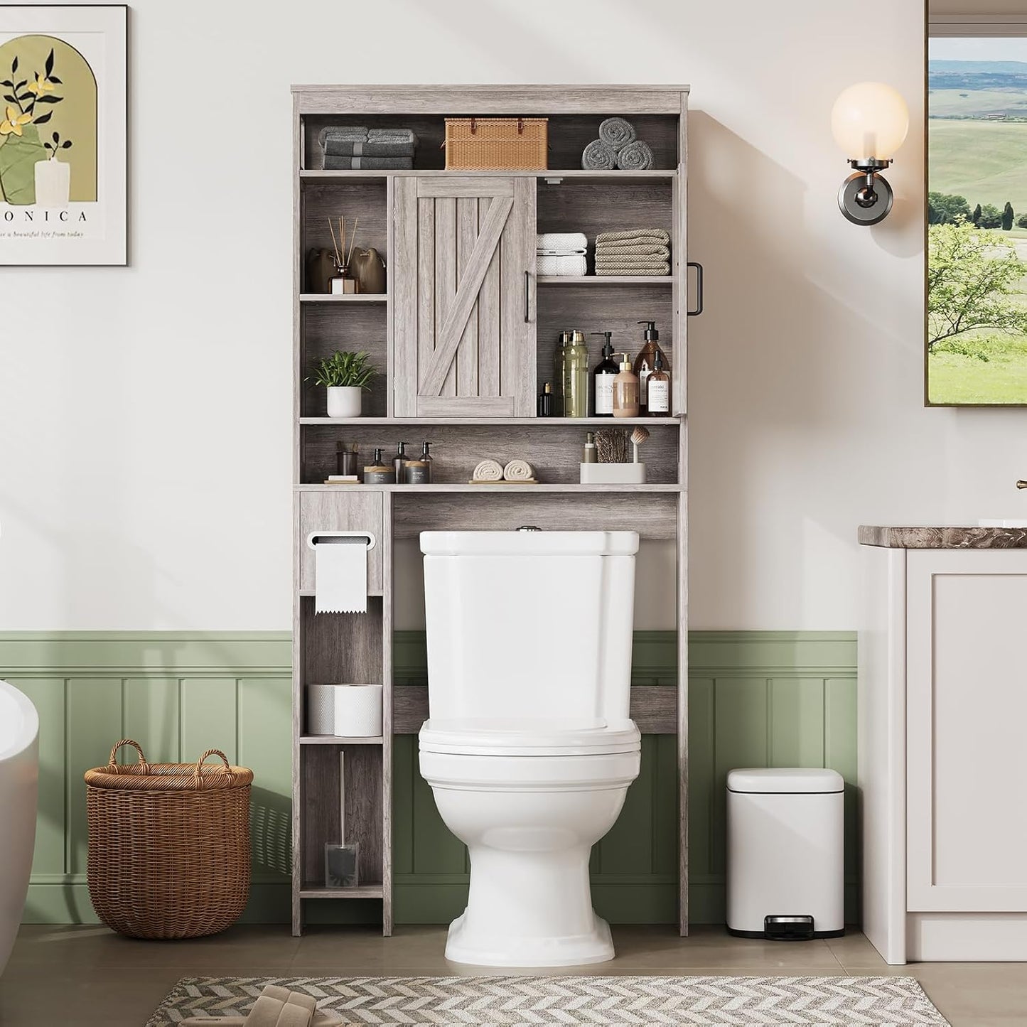 Over The Toilet Storage Cabinet with 6 Shelves, Farmhouse Bathroom Storage Cabinet with 2 Barn Door & Toilet Paper Holder Stand, Toilet Shelf with Adjustable Shelf for Bathroom Laundry
