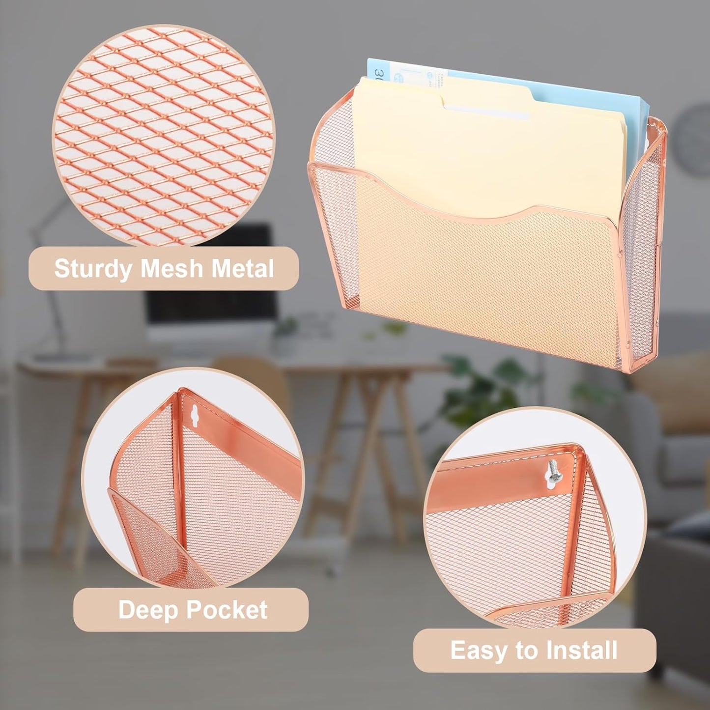 EASEPRES 3 Single Pocket Mesh Hanging File Organizer, Vertical Wall Mounted Magazine File Holder, Mount Basket Mail Paper Document Folder Organizing for Office, Home and School, Rose Gold