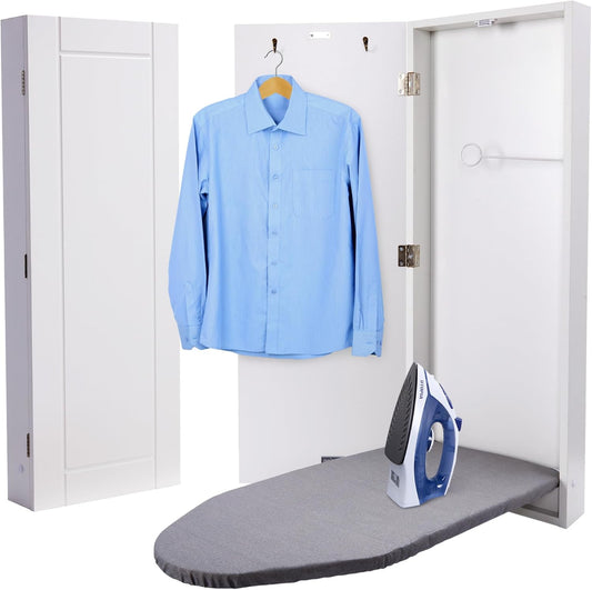 Ivation Wall-Mounted Ironing Board Cabinet, Foldable Ironing Storage Station for Home, Apartment, Easy-Release Lever, Garment Hooks, White