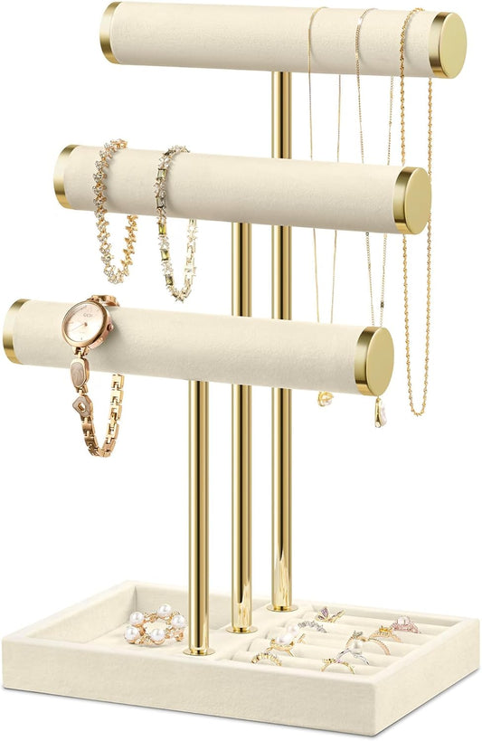 Bracelet Holder Jewelry Organizer Display - 3 Tier T Bar Velvet Stand, Beige Jewelry Storage for Bracelet, Necklaces, Watches