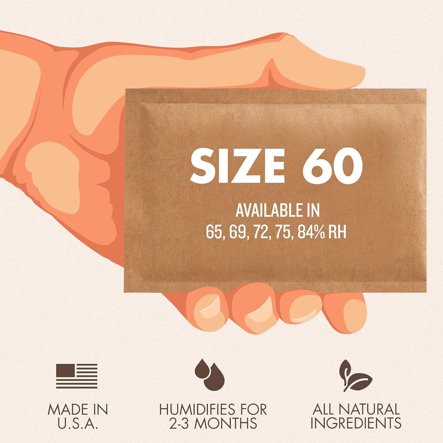 Boveda 65% Two-Way Humidity Control Pack for Up to 25 Items – Size 60 – Single – Aging & Long-Term Storage in Plastic & Wood Boxes – Moisture Absorber – Humidifier Pack – Individually Wrapped