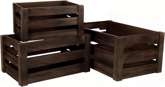 Rustic Wooden Storage Crates Set of 3 with Handles – Farmhouse Decorative Nesting Boxes for Organizing, Shelves & Tabletop Display (L/M/S)