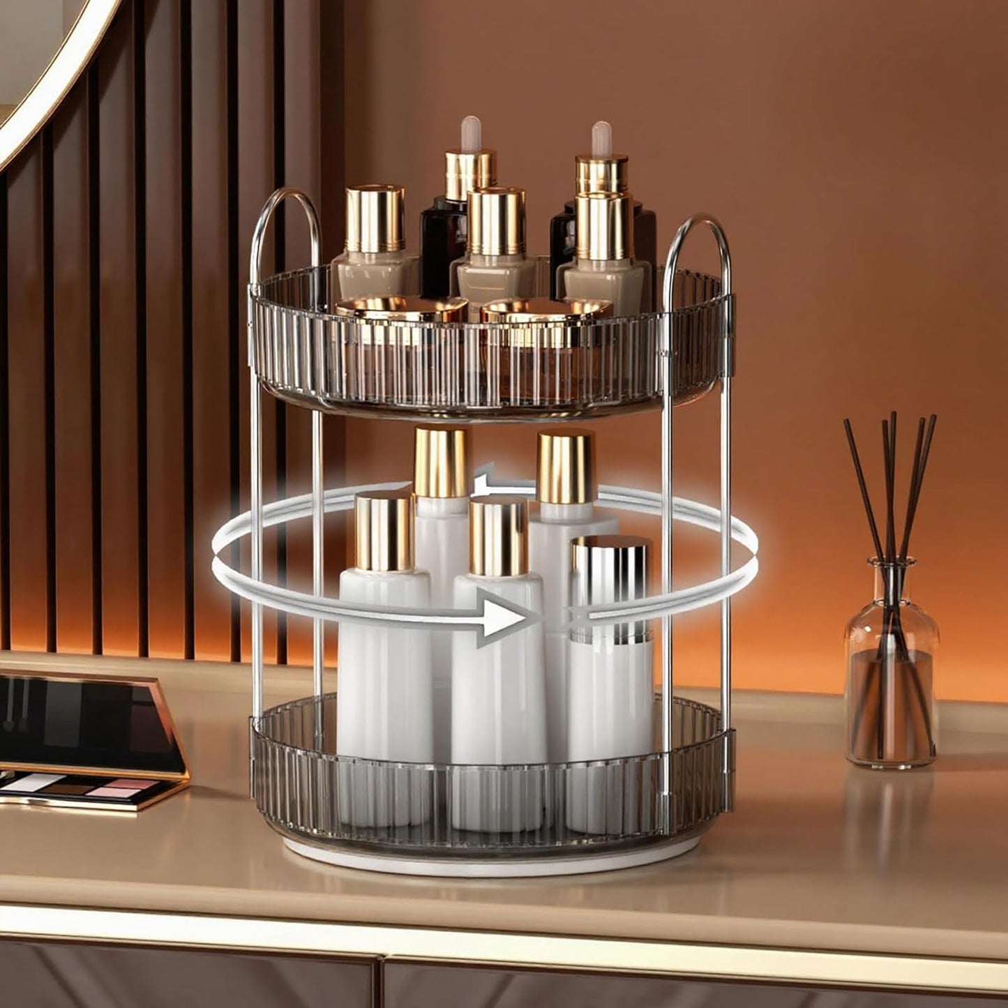 YCIA&DONE 360 Rotating Makeup Organizer and Storage for Vanity Countertop 2 Tiers, High Capacity Cosmetic Skincare Perfume Organizers for Dresser Bathroom Lazy Susan (Smoky Gray)