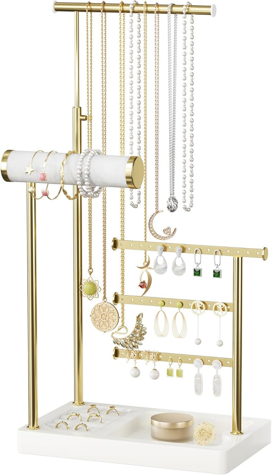 SZQINJI 5 Tier Jewelry Holder Organizer, Gold Jewelry Stand with Velvet Bracelet Holder, Adjustable Height Jewelry Display for Necklaces, Bracelets, Earrings, Rings, Gift Idea for Women, White