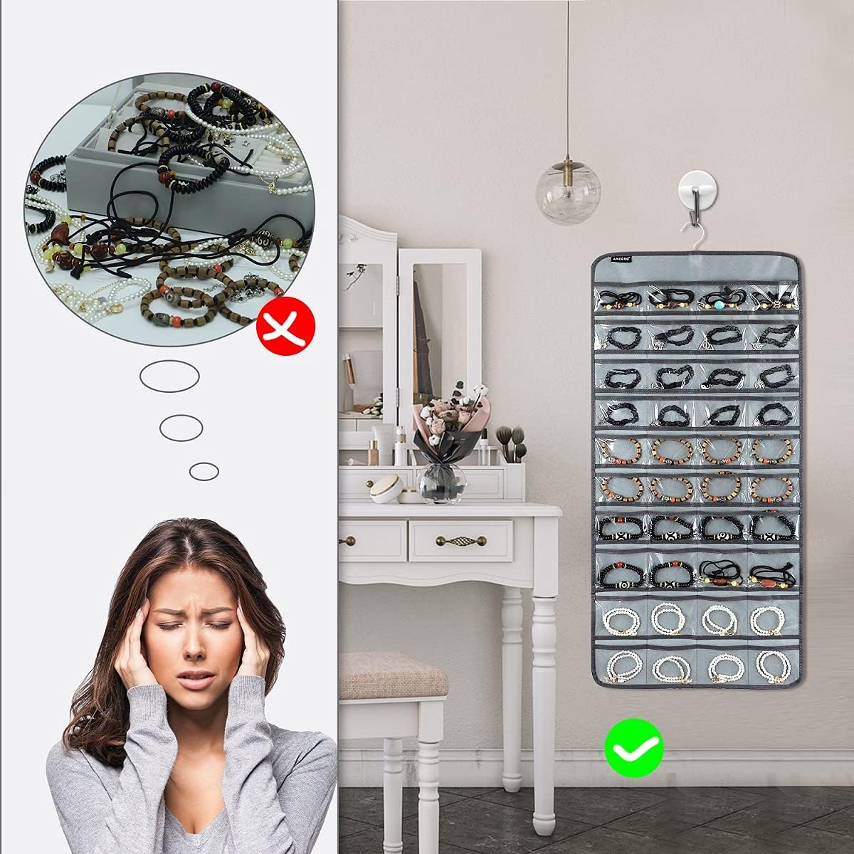 80 Pockets Hanging Jewelry Organizer for Holding Jewelries Dual-Sided Accessory Display Holder for Earrings Bracelets Rings (80 Pockets-Grey)