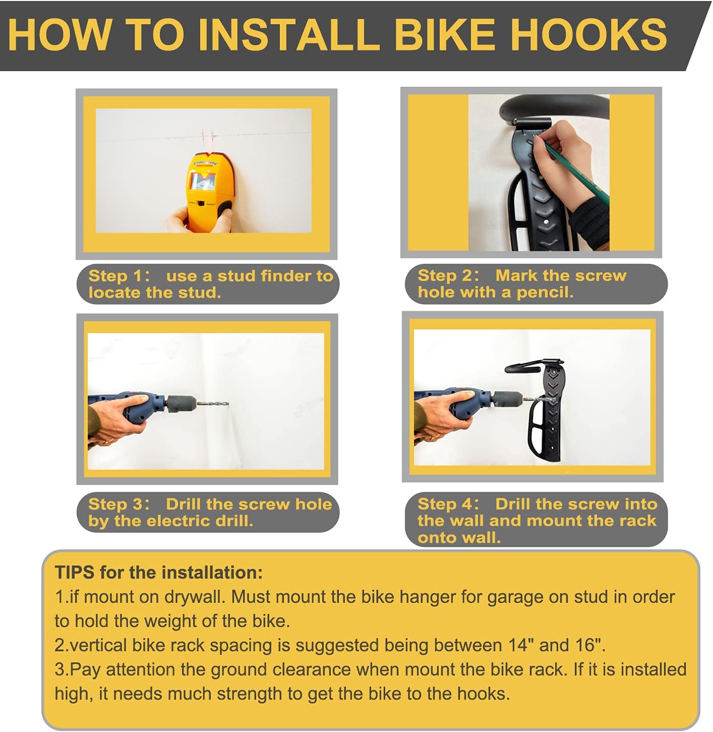 Bike Rack for Garage Wall Mount 4 Pack Vertical Bike Hooks Bicycle Hanging Hooks for Indoor Storage with Non-reversible Hooks
