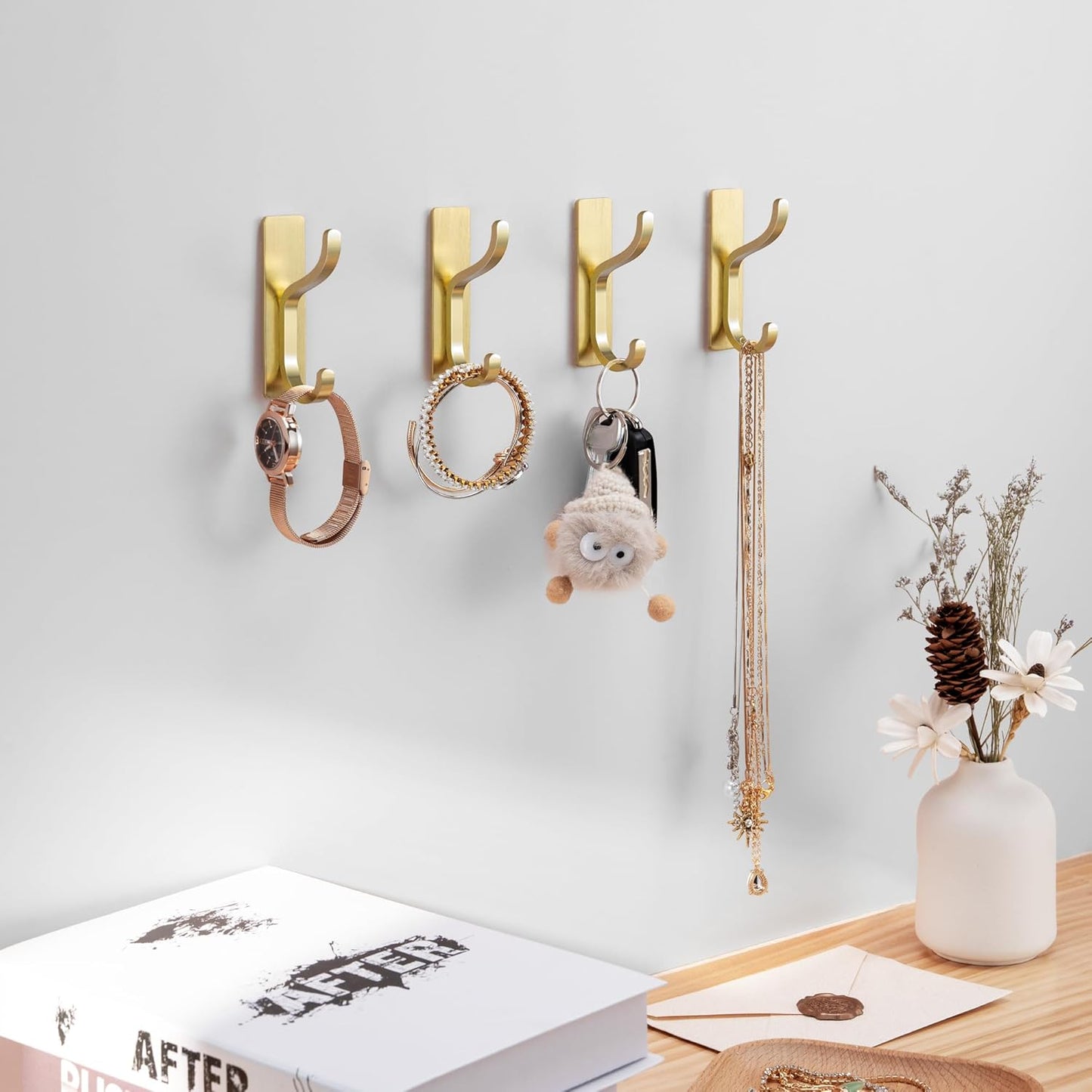 Gold Adhesive Wall Hooks for Hanging - Heavy Duty 13 lb Sticky Towel Hook for Bathroom, Door, Closet, Dorm, RV, Kitchen, Hanger for Coats, Bags, Keys, Purse, Clothes - Stainless Steel, 4 Pack