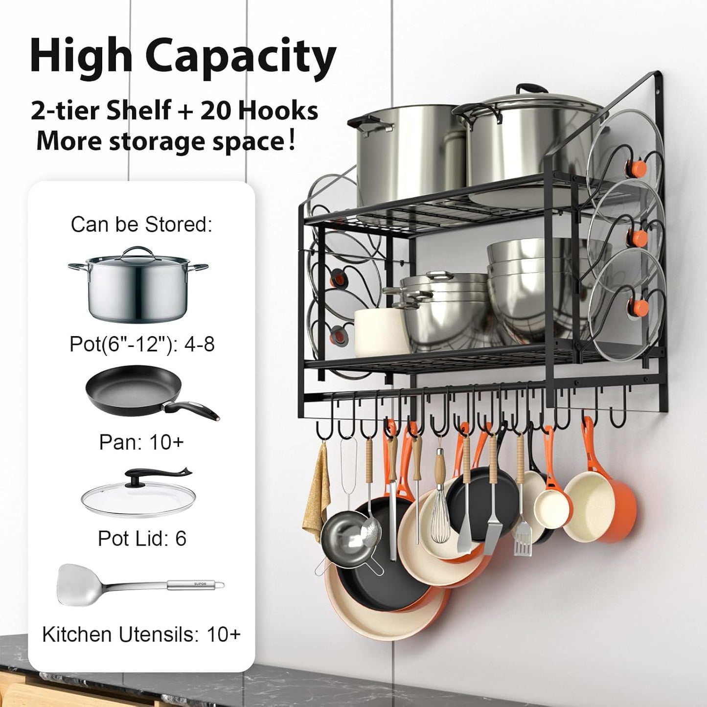 28 Inch Pot Rack Wall Mounted, 2 Tier Pots and Pans Organizer with 20 Hooks and 6 Pot Lid Holders, Heavy Duty Steel Pot and Pan Hanger for Kitchen Cookware Utensils Storage 34.7" Lx13 Wx26.4 H