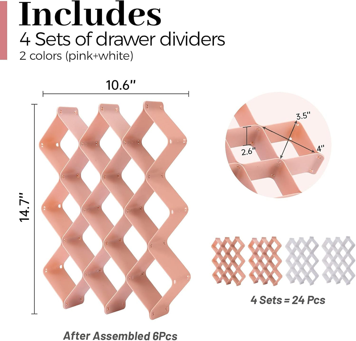 ROUFA Sock Drawer Organizer for Dresser, Honeycomb Underwear Dividers for Women, Panty Separator for Belts, Ties, Small Clothing(12pcs of Pink + 12pcs of White)