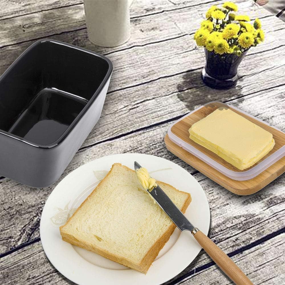 Butter Dish with Lid,Extra Large 650ml,Porcelain Keeper with Bamboo Lid Cover for 2 Sticks of Butter,Microwave Safe Easy Clean Butter Storage Container for Countertop Refrigerator (Black)