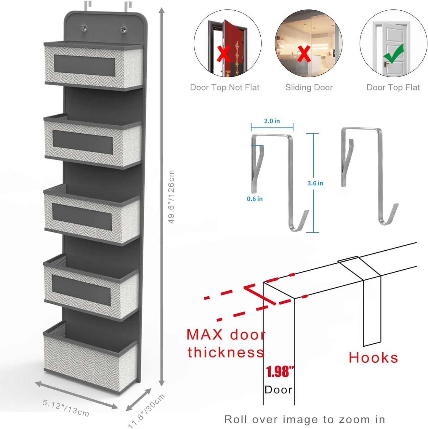 Over The Door Hanging Organizer with 5 Big Pockets, Wall Mount Fabric Back of Door Storage Organizer with Clear Window & Metal Hooks for Pantry Closet Diaper Dorm Nursery Bedroom