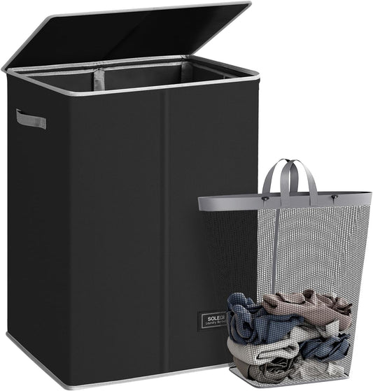 SOLEDI Laundry Hamper with Lid 130L Large & Tall Collapsible Laundry Basket, Clothes Hamper with Bag Removable Easy to Carry, Dirty Hampers for Bedroom, Bathroom, Dorm, College, Black