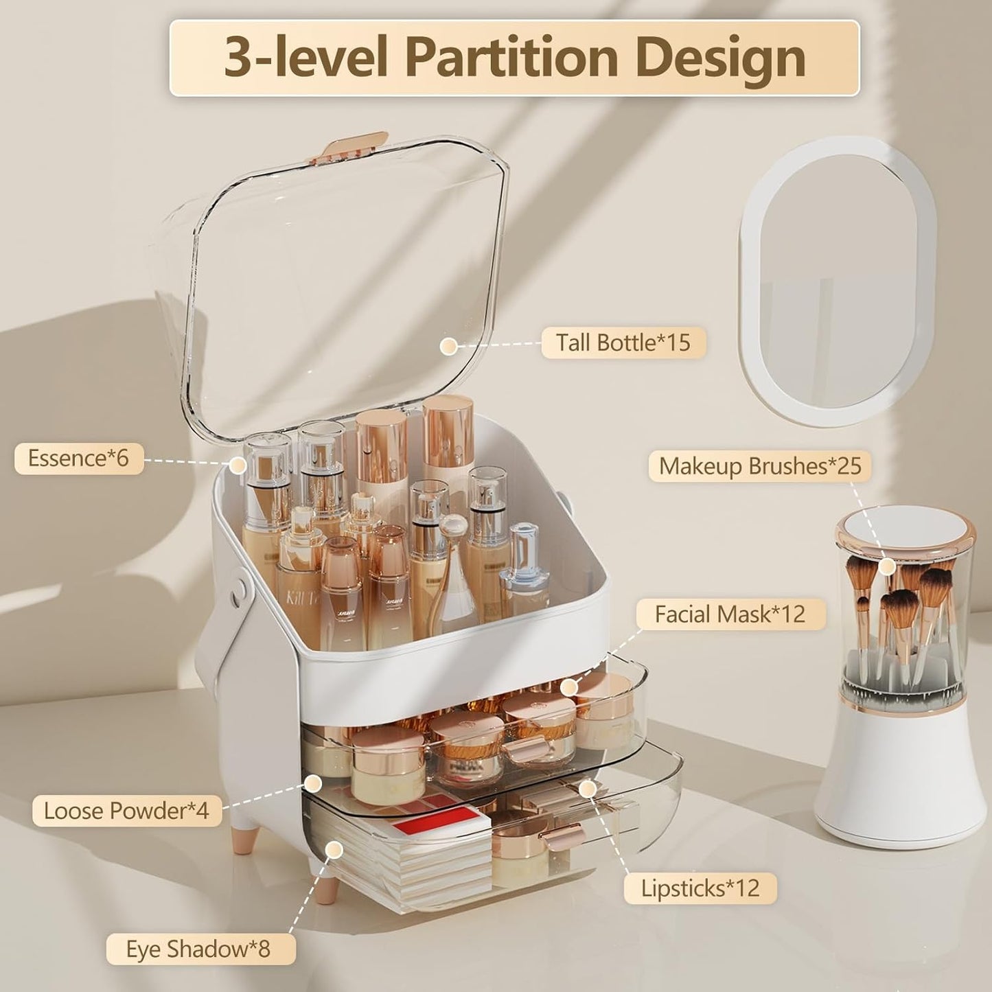 Makeup Organizer Countertop & Makeup Brush Holder with Lid 360 Rotating Clear Dustproof Skincare Holder for Vanity Bathroom Countertop, Ideal Gifts for Women, Transparent, Rose Gold