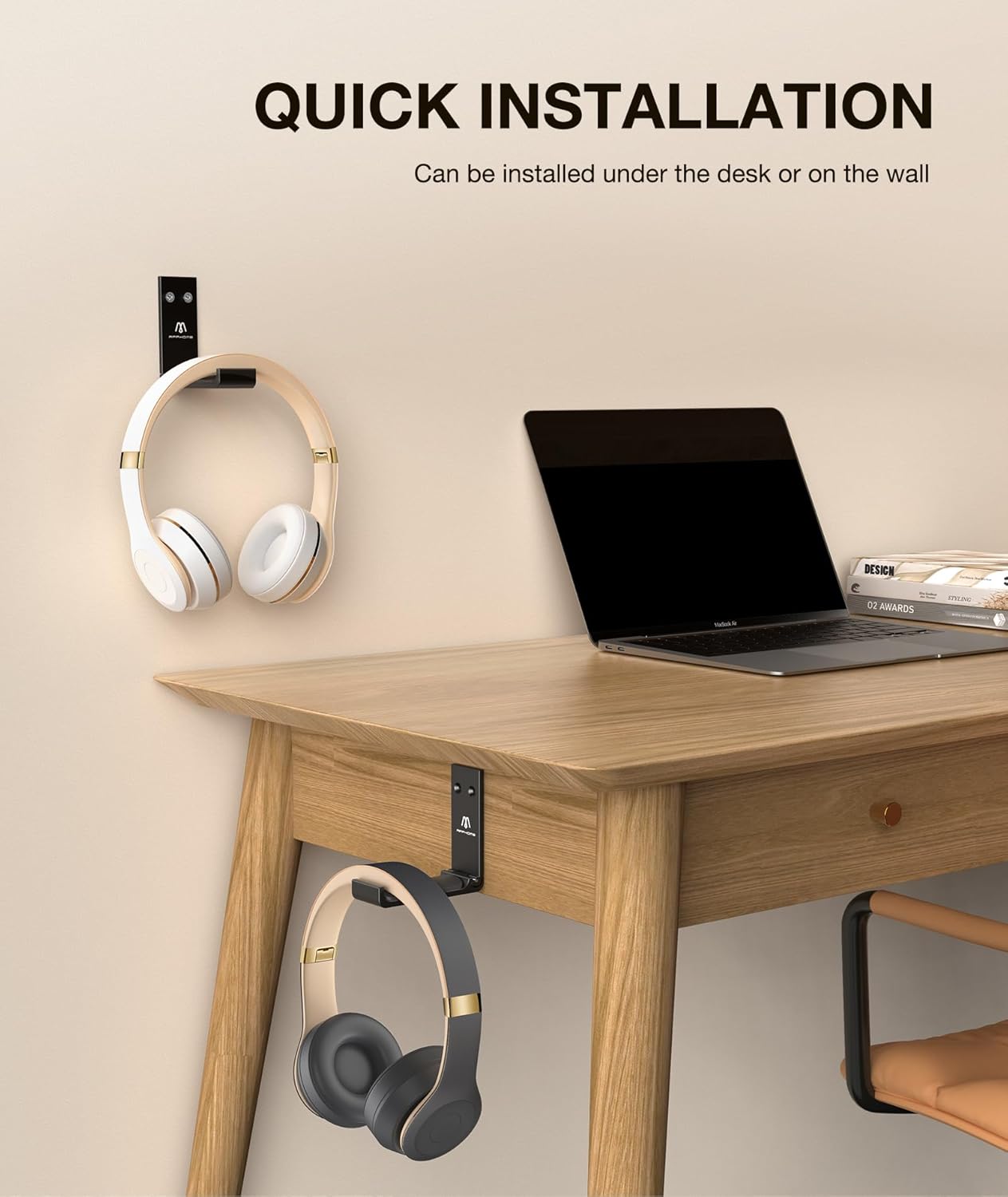 Headphone Stand Hanger Foldable Wall Hooks, Save Space Durable Aluminum Headset Stand Holder for Universal Gaming Headset, Strong Adhesive, Black