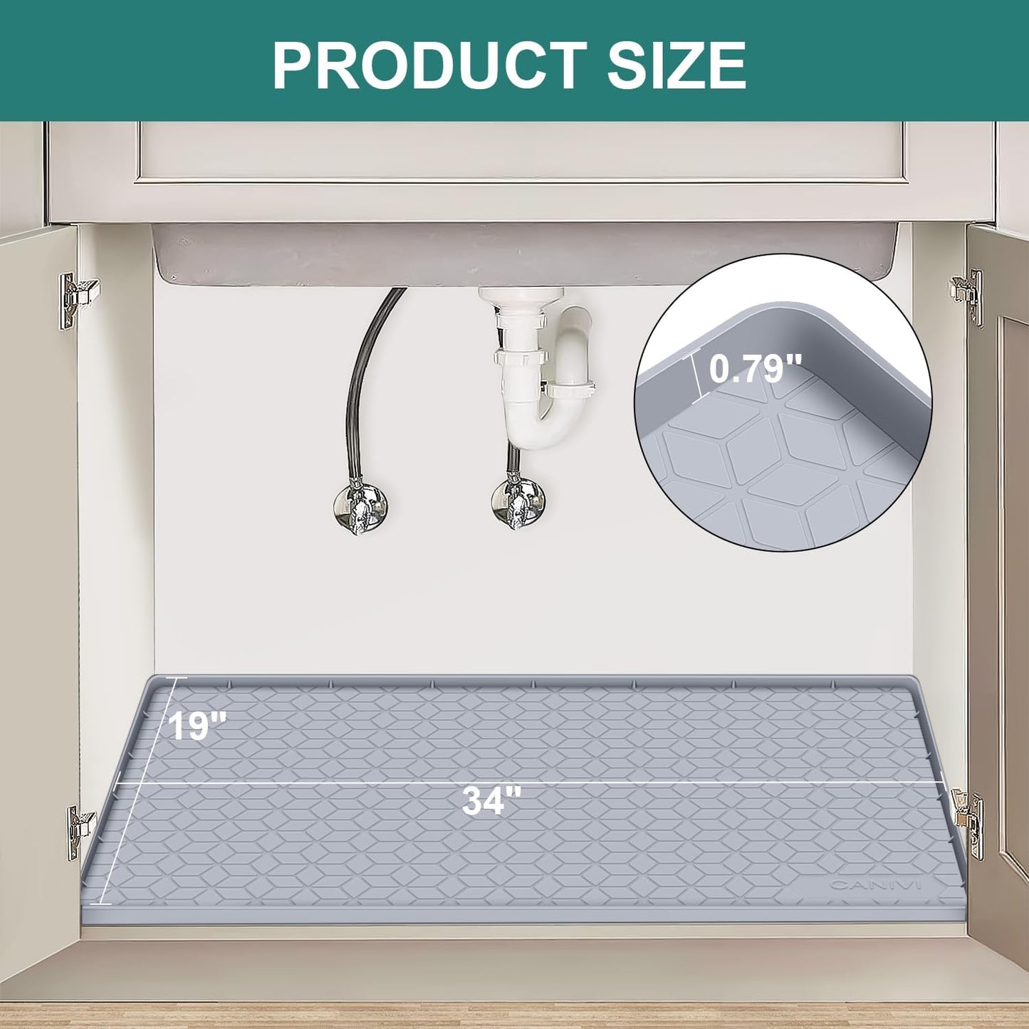 Under Sink Mat, 34" x 19" Waterproof Silicone Under Sink Tray for Kitchen & Laundry Cabinets, Kitchen Cabinet Shelf Protector, Up to 3.3 Gallons Liquid, Fits 36 inch Standard Cabinet Light Grey