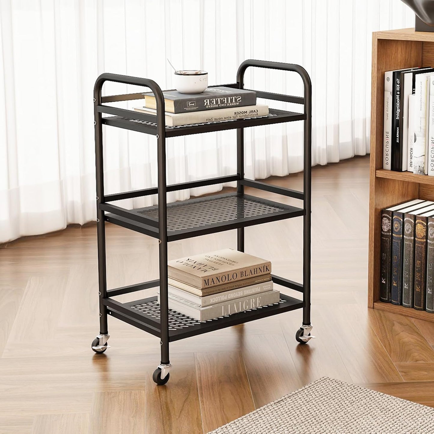 HDANI 3 Tier Rolling Cart,Heavy Duty Multifunctional Metal Frame-Supports 22 Lbs Per Tier,Mesh Rolling Cart with 2 Lockable Wheels for Office,Home,Bedroom,Kitchen,Bathroom,Black