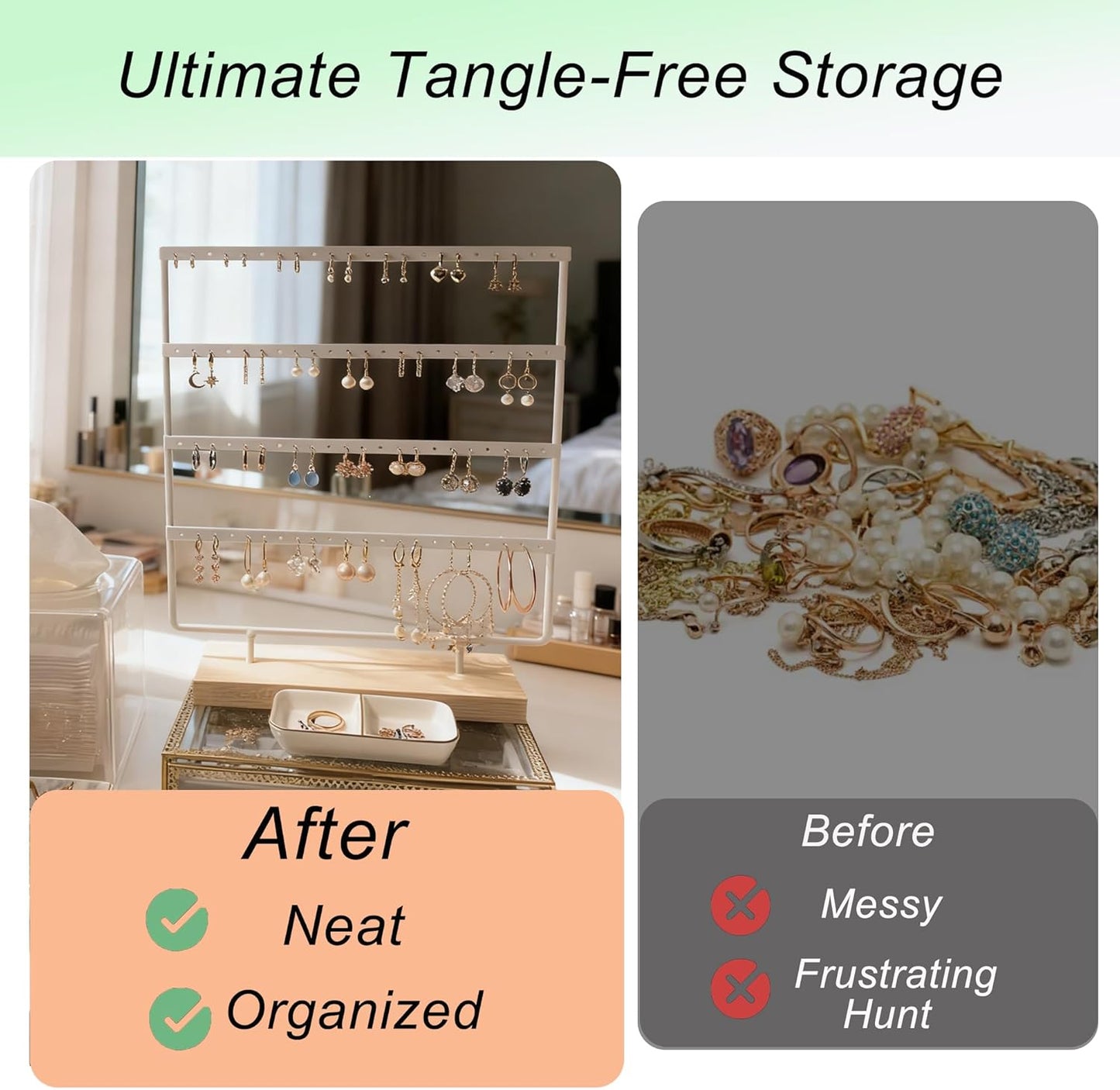 Earring Organizer Stand for Women, 4 Tier Tall Jewelry Holder Organizer Rack, Tabletop Display Rack Multiple Pierced Earrings, Wood and Iron Hanging Jewelry Organizer