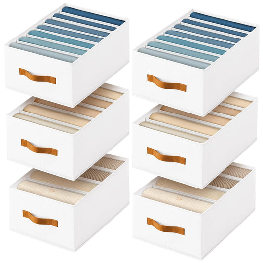Clothes Organizers and Storage - 4/5/7 Grids Fabric Jeans Organizer with Handles, Foldable Closet Organizers Dividers, Wardrobe organizer for Pant, Sweater, T-shirt, Scarf, 6 Pack, White