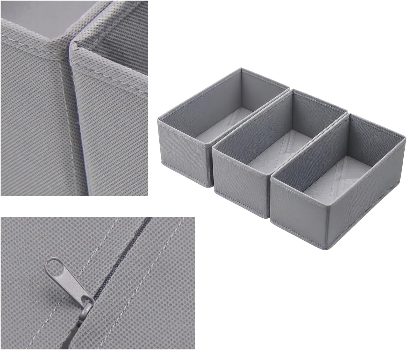 Dresser Drawer Organizer 3-Pack Gray - Small Storage Bins for Socks & Underwear, Foldable Fabric Dividers for Closet