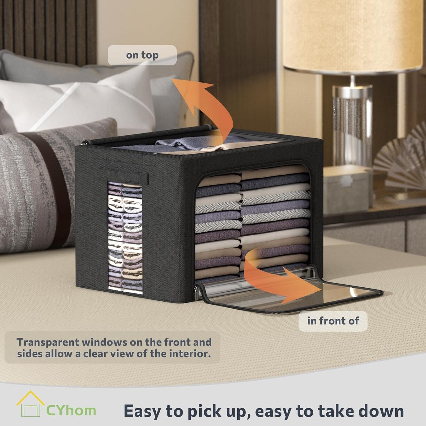 CYhom 3Pack Foldable Storage Bins - Frame Storage Box Linen Fabric Stackable Clothes Container Organizer with Clear Window & Carry Handles Large Capacity (Large-66L, Black)