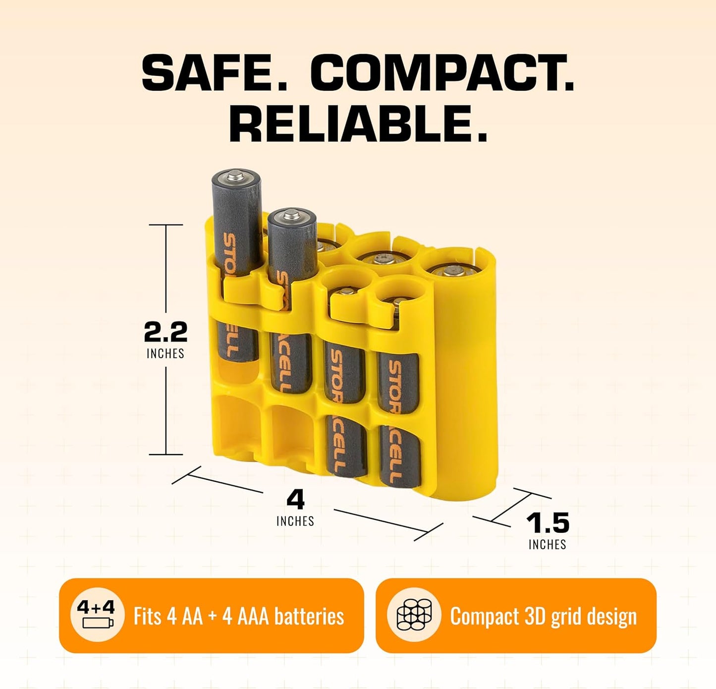 Storacell AA + AAA Combo Battery Storage Caddy and Dispenser, Yellow, Holds 4 AA + 4 AAA Batteries (Not Included), Durable & Compact Design, The Original Battery Caddy, Made in The USA