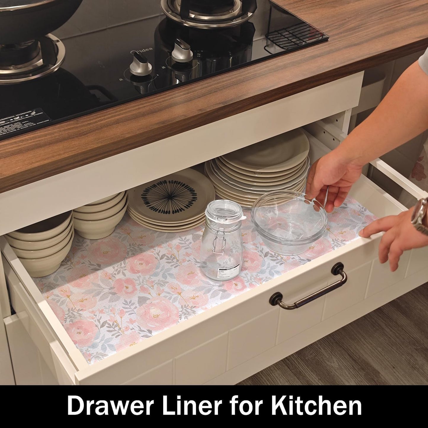 Peony Shelf and Drawer Liner for Kitchen,Non-Adhesive and Strong Non-Slip Floral Cabinet Drawer Liners for Kitchen Shelf, Waterproof Cupboard Liners,Easy to Clean,12IN x 10FT