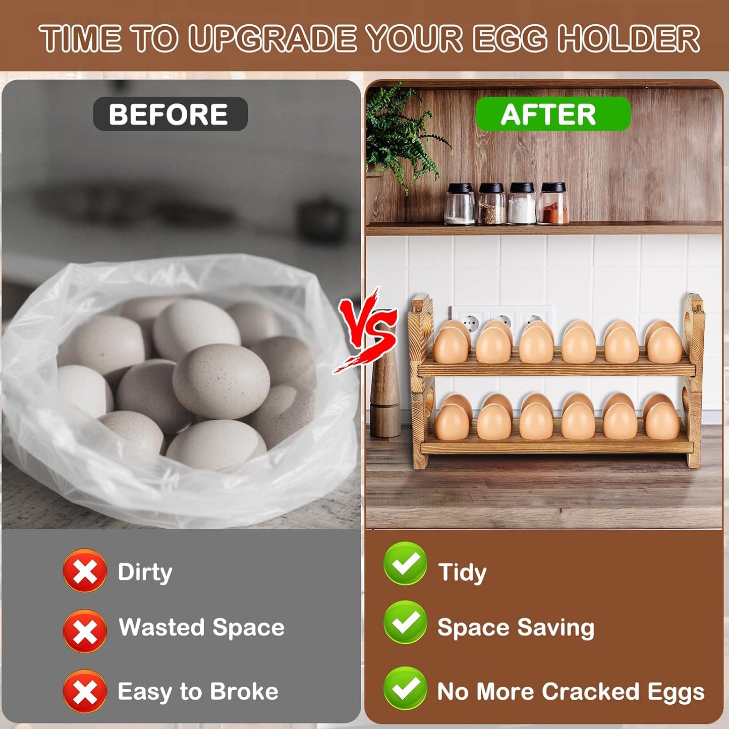 Wooden Egg Holder & Storage-3Tier /36-Hole Stackable Holds Fresh Eggs, Farmhouse Eggs Rack Wood, Rustic Countertop Chicken Egg Organizer Wood with Distressed Finish for Home Kitchen Decoration