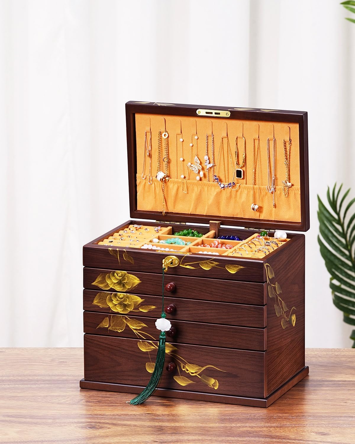 Hand-drawn rose Jewelry Box Wood for Wowen,6-Layer Wooden Jewelry Organizer Boxes with 4 Drawers dresser, Vintage Multi-functional Jewelry Storage Case with lock