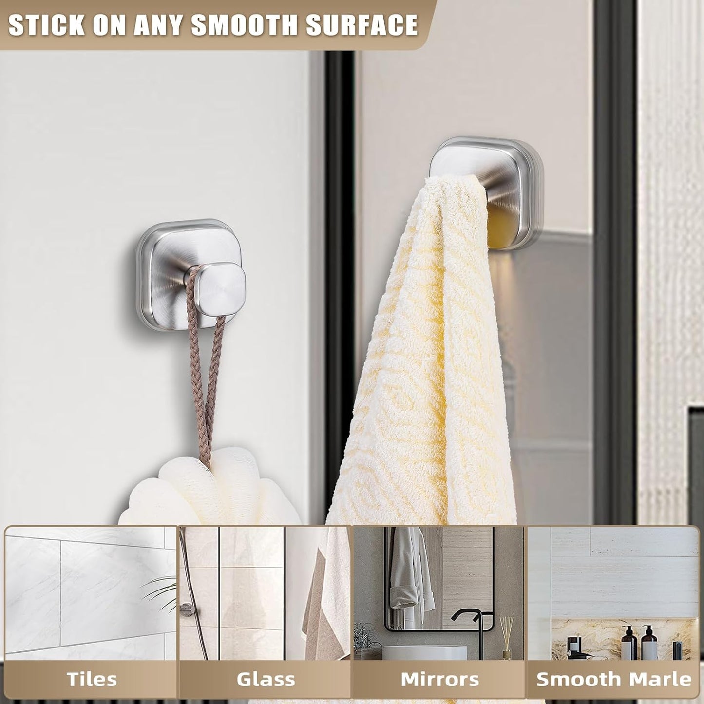 Suction Cup Hooks for Shower - Resuable Bathroom Hooks for Towels, Robes & Loofah - No-Drill Mounting on Kitchen,Walls,Metal,Glass,Mirrors,Tile & Smooth Non-Porous Surfaces (4, Brushed Nickel)
