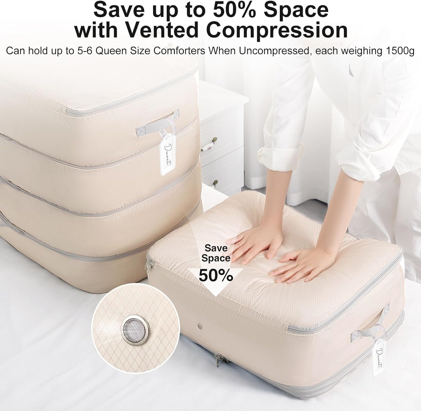 Comforter Storage Bag - 130L Large Capacity Blanket Storage Bags 4-Layer Ultra Space Saving Self Compression Organizer, Washable Compression Bags for Storage Comforter Blanket, 2-Pack, Beige