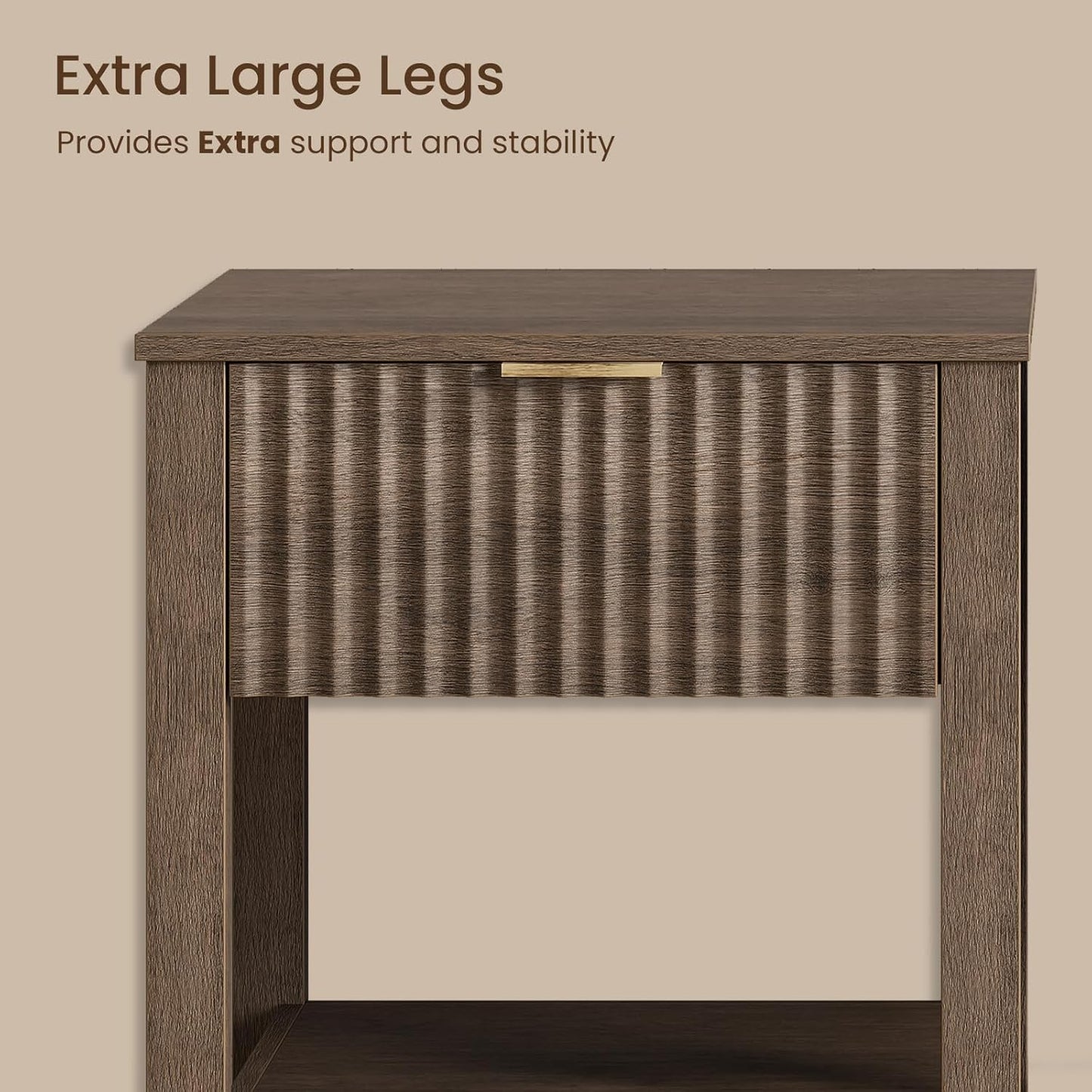 Fluted Night Stand with Golden Handle,Mid-Century Nightstands with Drawer,Modern Bedside Table with Storage Shelf,Large End Tables for Livingroom,Bed Side Tables for Bedroom,Walnut