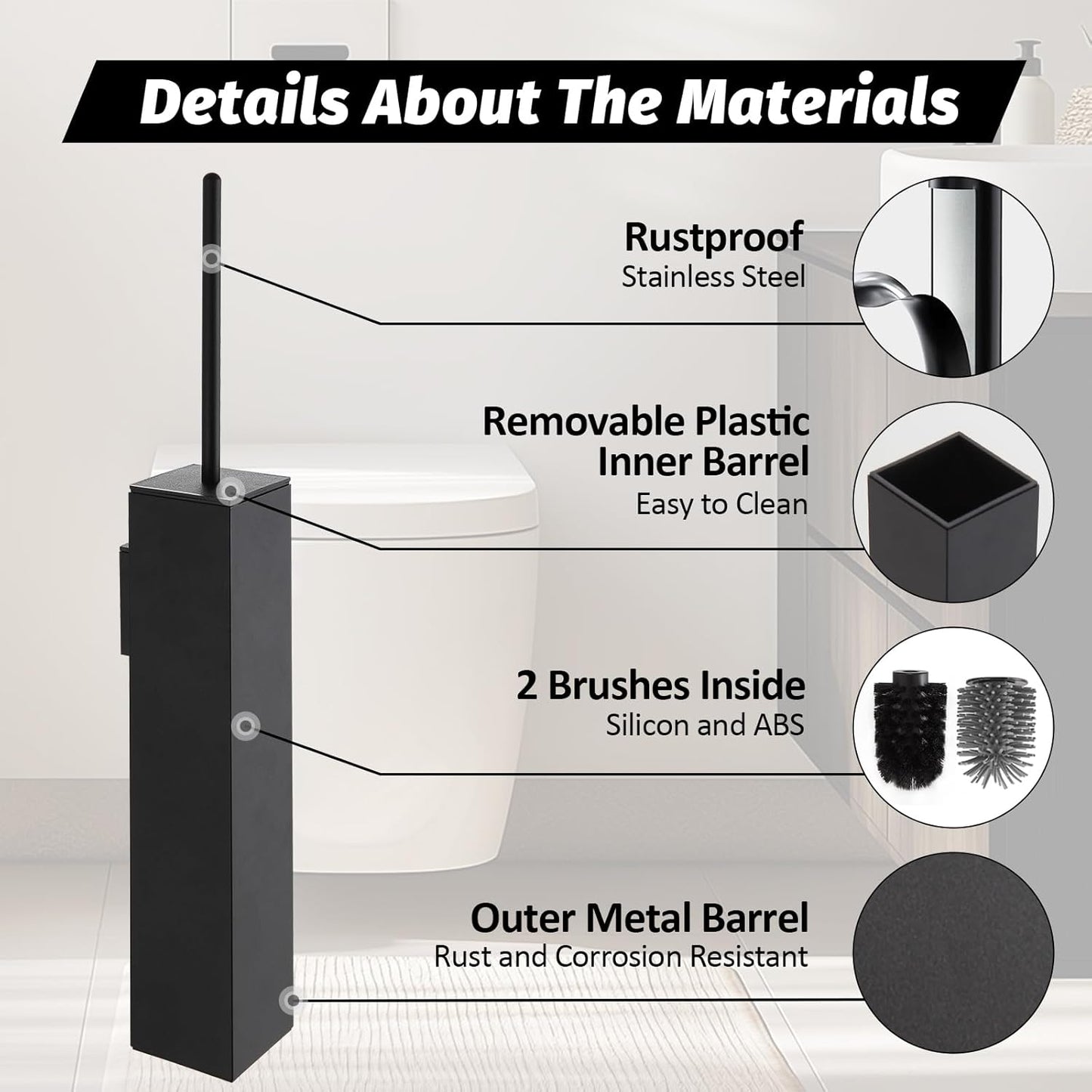 BGL Toilet Brush and Holder Set Matte Black Wall Mounted for Bathroom Square Design