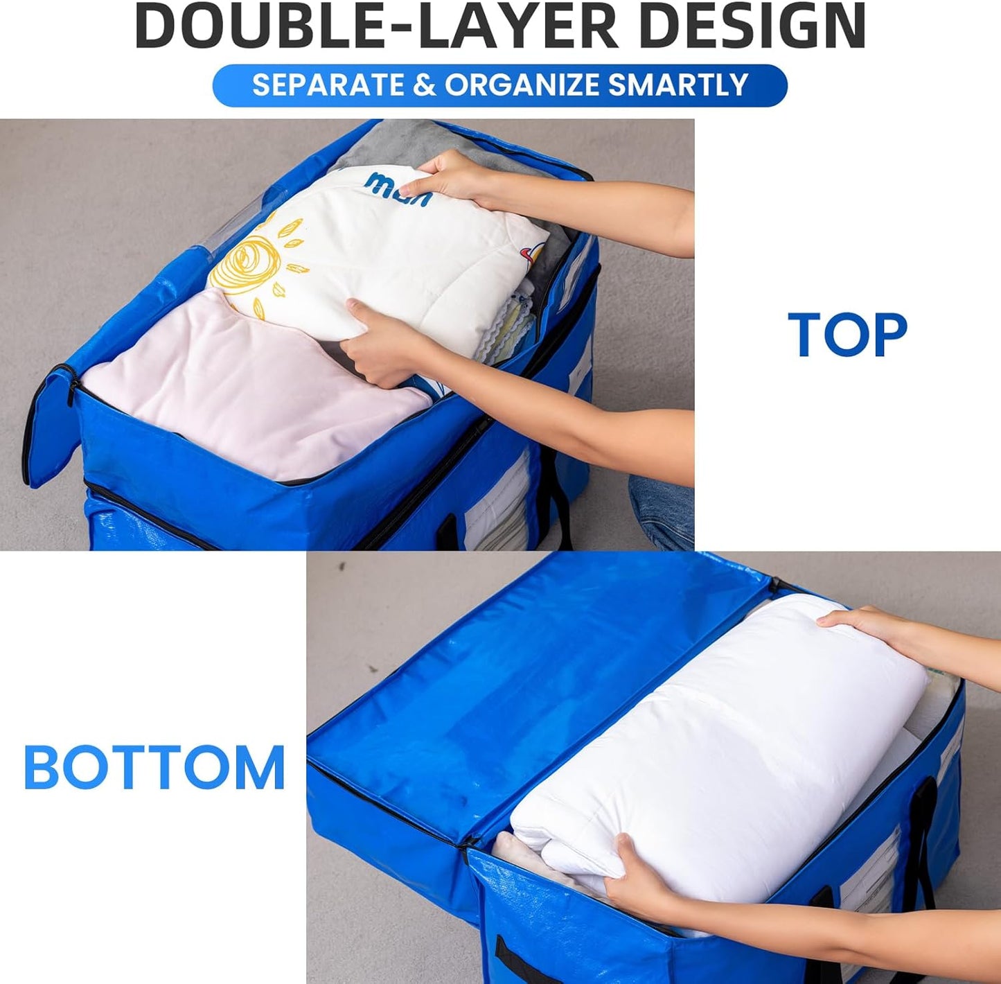 TAILI 2 Tier Extra Large Moving Bags, 4 Pack Blue Heavy Duty Totes for Storage with Visible Window, Wrap Around Handles, Storage Bags for Space Saving, Alternative to Moving Boxes