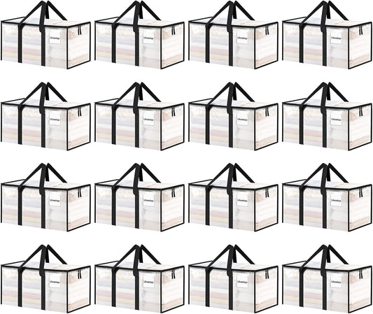 16 Pack Extra Large Heavy Duty Moving Bags, Clear Storage Bins with Lids, Reinforced Handles & Heavy-Duty Zippers Moving Boxes Storage Bags Totes for Clothes Packing, Dorms, College Supplies, Clear