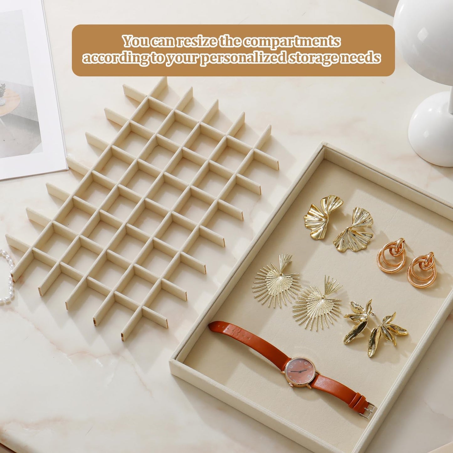 Large Velvet Jewelry Tray 2 Pack Stackable Jewelry Display Drawer Inserts Trays Organizer for Earring Bracelet Necklace Ring (Beige, 48 Grids)