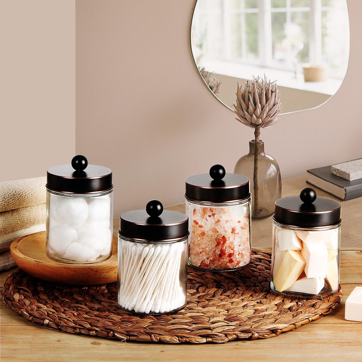 Amolliar 6 Pack Apothecary Jars Bathroom Vanity Organizer- Rustic Farmhouse Decor Storage Canister with Stainless Steel Lids- Qtip Dispenser Holder for Q-Tips,Cotton Swabs,Rounds,Ball,Flossers