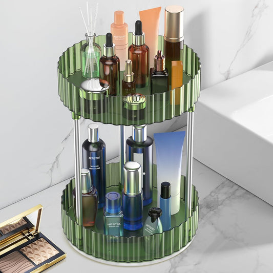 Makeup Organizer,360° Rotating Makeup Organizer,2-Tier Round Rotating Skincare Organizer Countertop,Fits Bedroom, Bathroom, Vanity Shelf Countertop(Green)